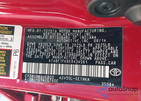 2014 Toyota Camry Le z USA, uszkodzony, nr VIN 4T4BF1FK6ER434561